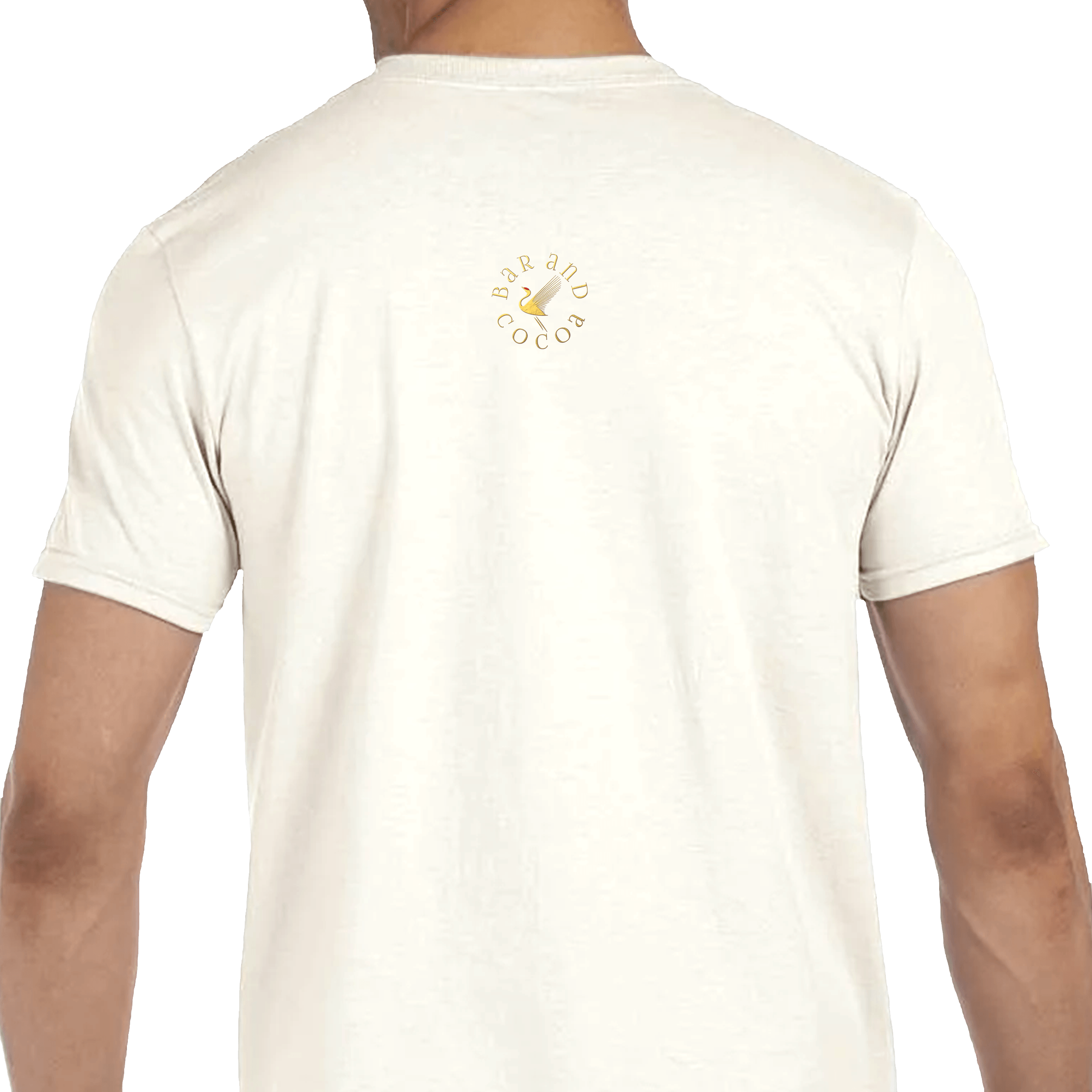 Back of Vintage Cocoa Tree Tee: cream cotton t-shirt with bar and cocoa logo, yellow bird