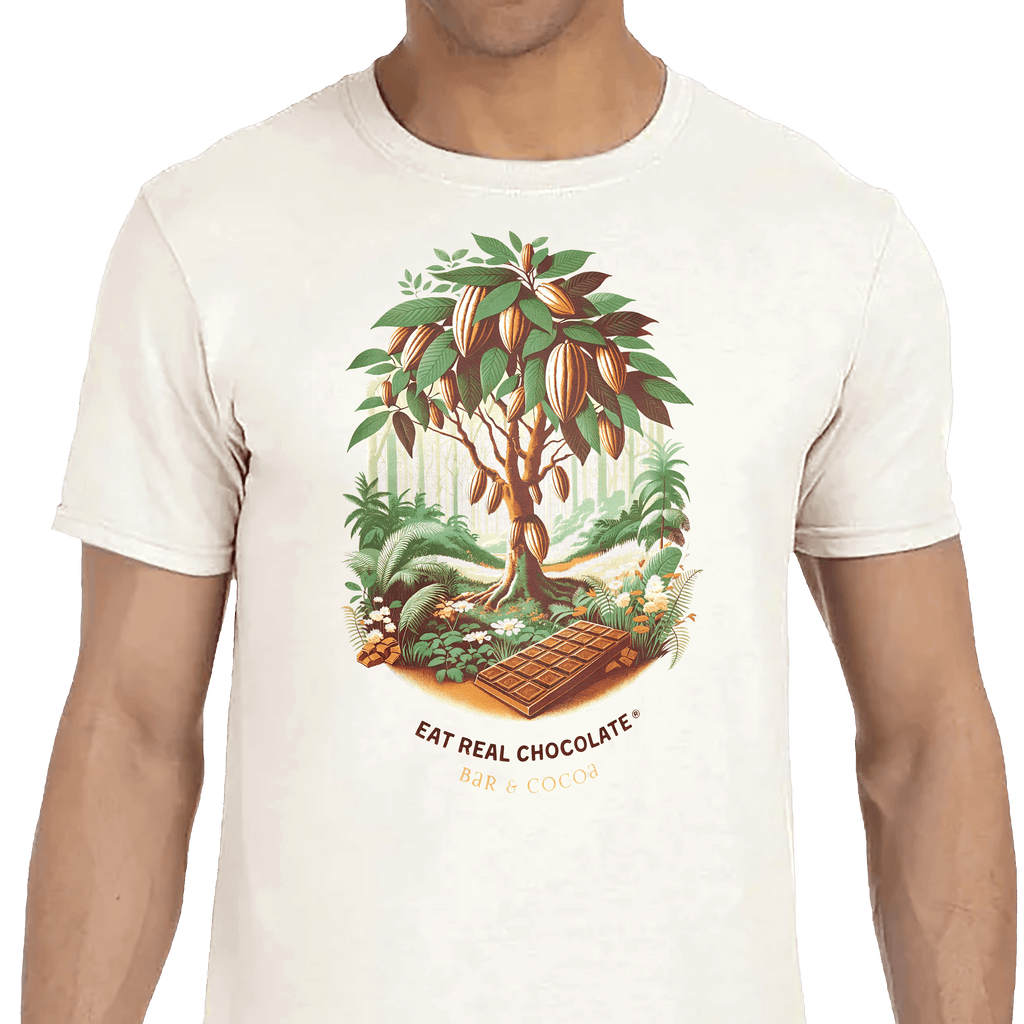 Vintage Cocoa Tree Tee: white cotton t-shirt with cocoa tree illustration