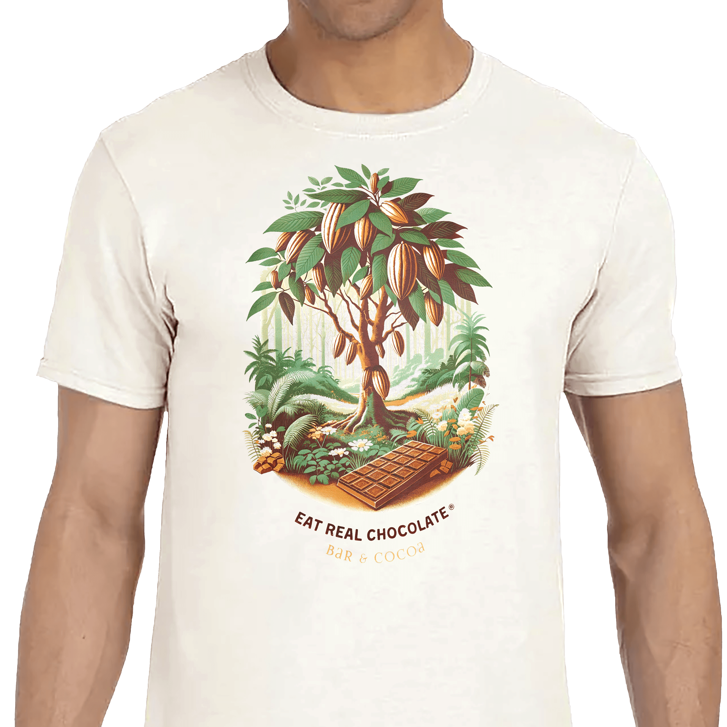 Vintage Cocoa Tree Tee: white cotton t-shirt with cocoa tree illustration