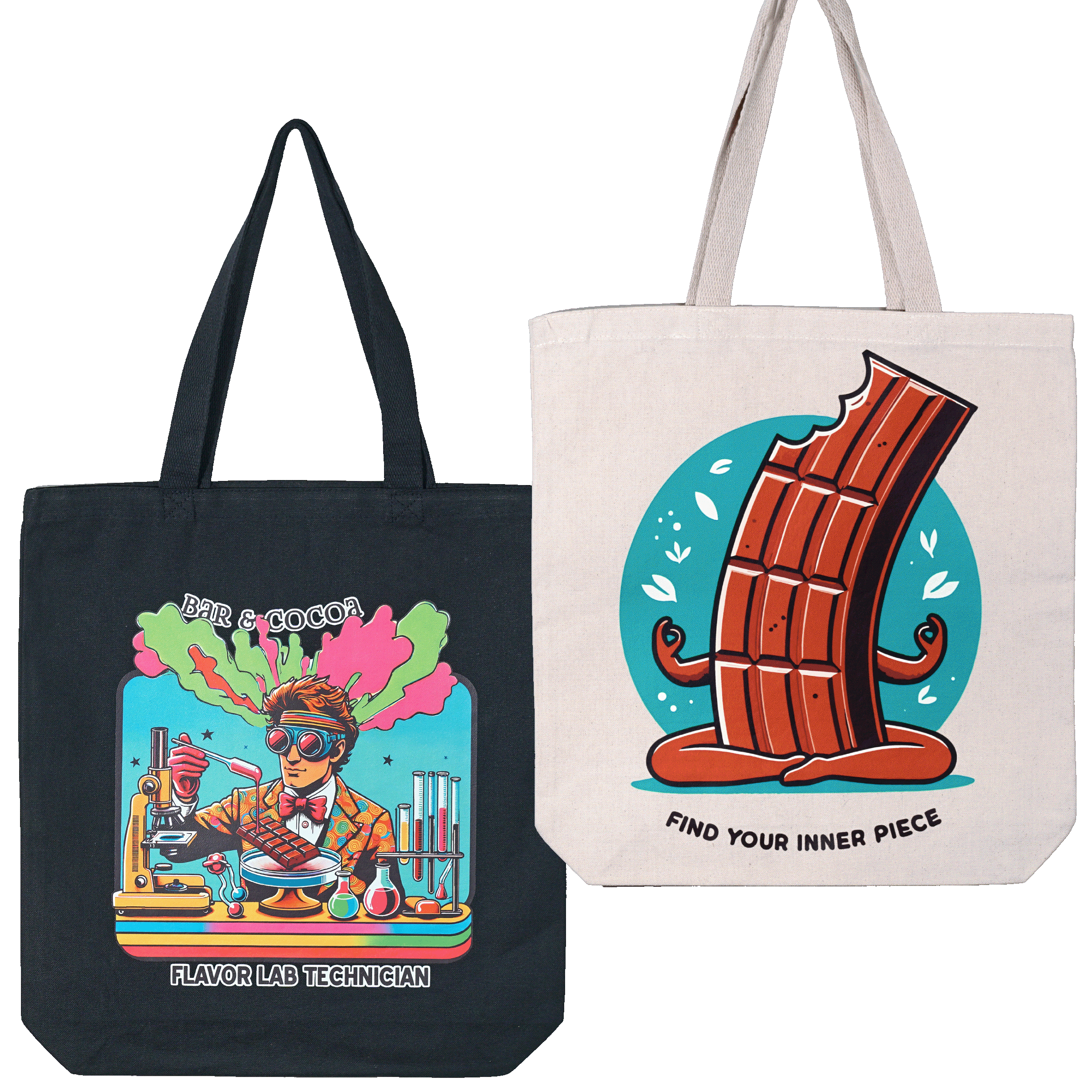 White canvas eco tote bag with cartoon chocolate bar and find your inner piece text