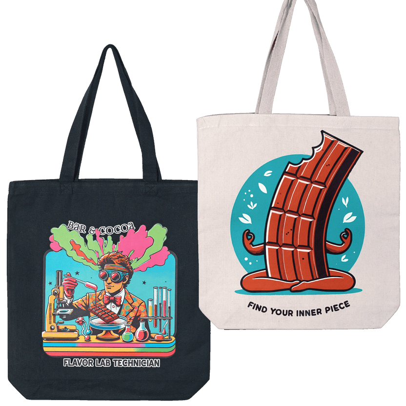 White canvas eco tote bag with cartoon chocolate bar and find your inner piece text