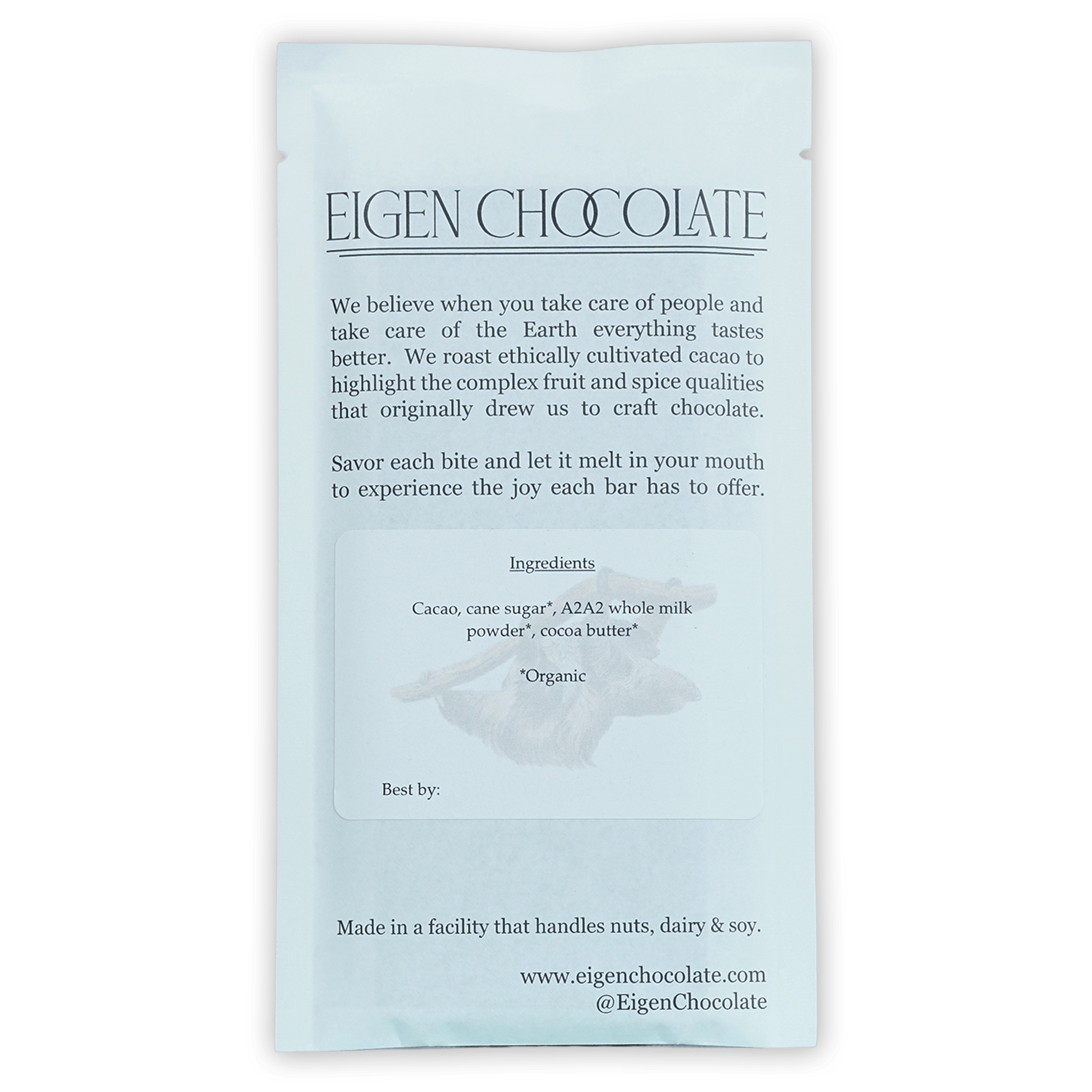 Eigen Brown Butter Milk Chocolate Dulce del Oso 54% bar in light blue matte pouch