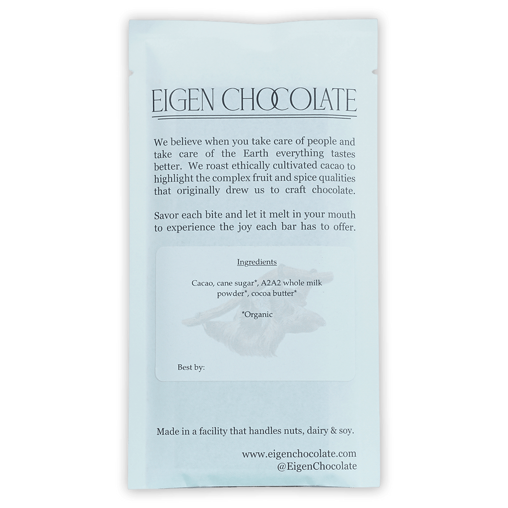 Eigen Brown Butter Milk Chocolate Dulce del Oso 54% bar in light blue matte pouch