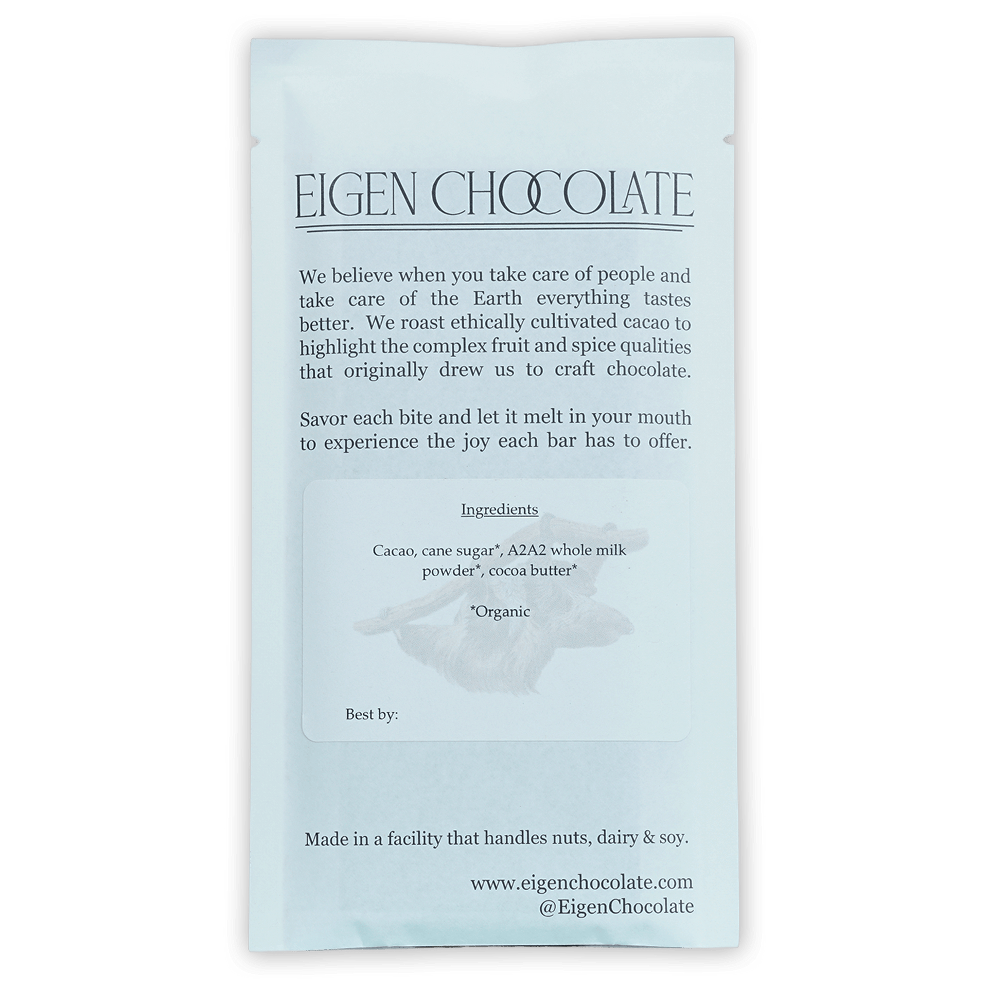 Eigen Brown Butter Milk Chocolate Dulce del Oso 54% bar in light blue matte pouch