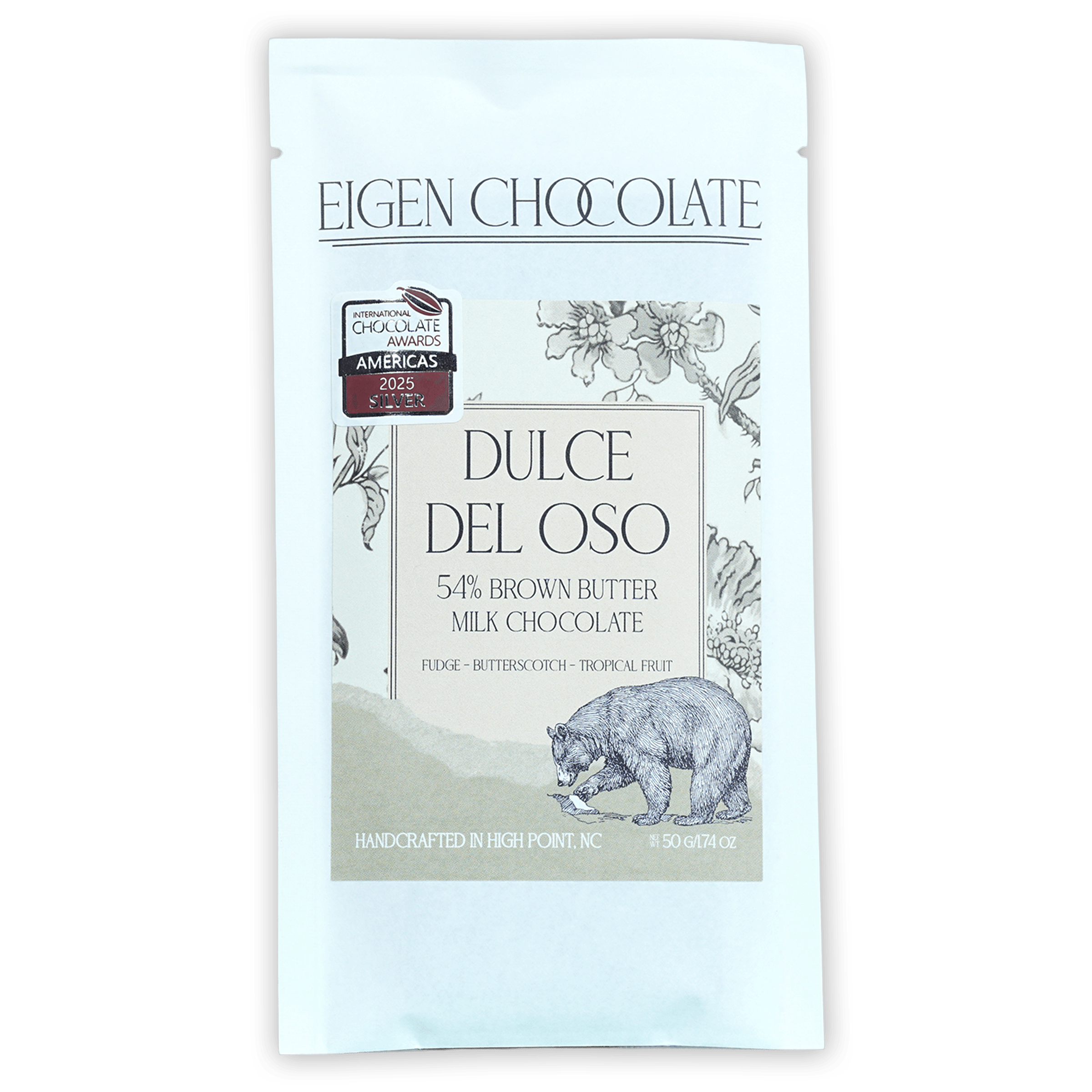 Eigen Brown Butter Milk Chocolate Dulce del Oso 54% bar in white pouch