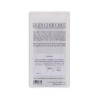 Back of the white Eigen Chocolate pouch with maker text and an ingredients panel listing Urfa chili flakes and black chai.