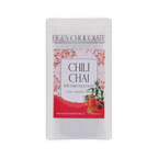 White Eigen Chocolate pouch with a red floral panel and a spice pot illustration, reading Chili Chai 64% Dark Chocolate, 50 g.