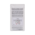 Back of the white Eigen Chocolate pouch with maker text and an ingredients panel listing blueberry, strawberry, raspberry.