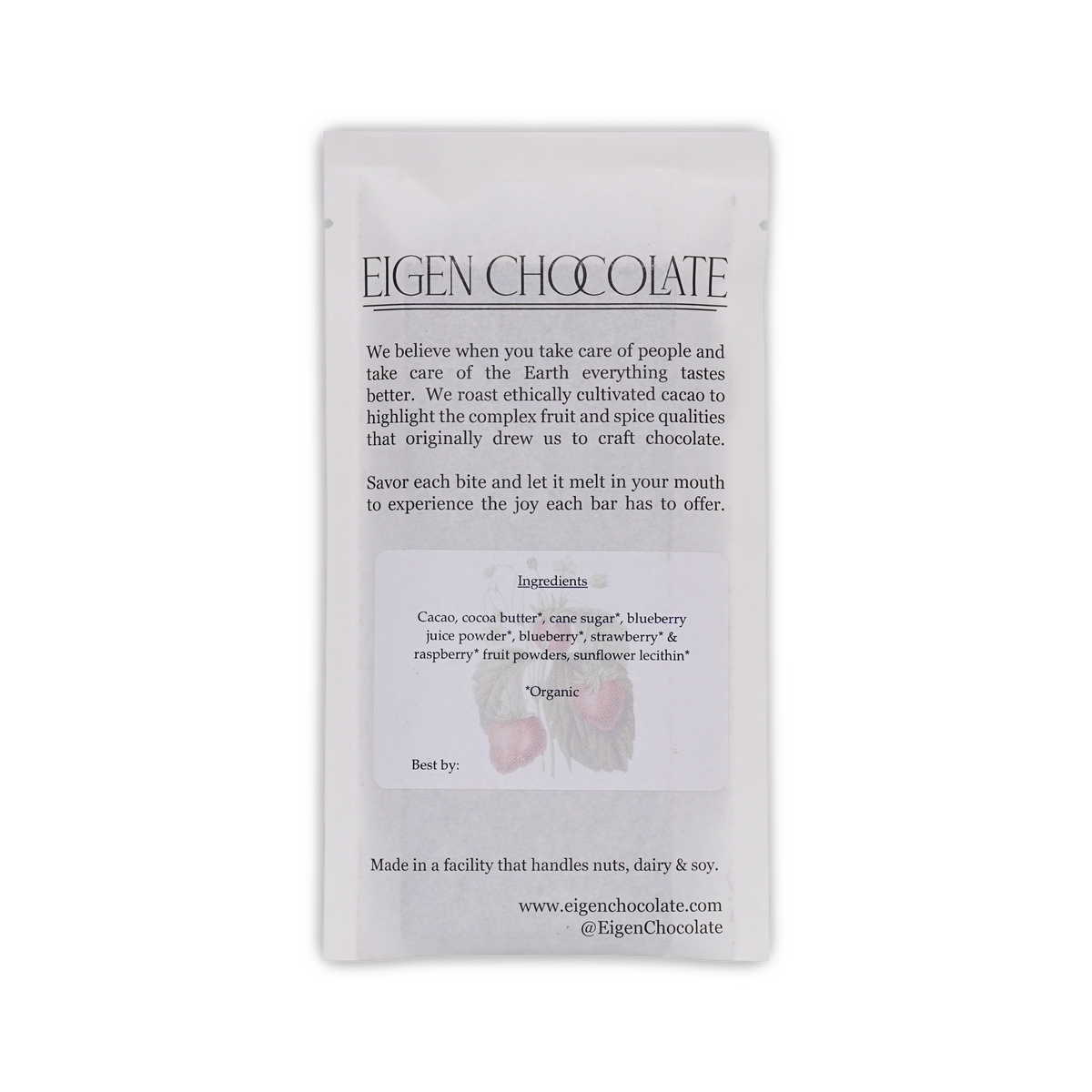 Back of the white Eigen Chocolate pouch with maker text and an ingredients panel listing blueberry, strawberry, raspberry.