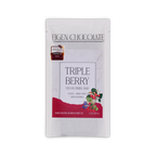 White Eigen Chocolate pouch with a red panel and a berry sprig, reading Triple Berry Vegan Swirl Bar, with a 2024 awards seal.