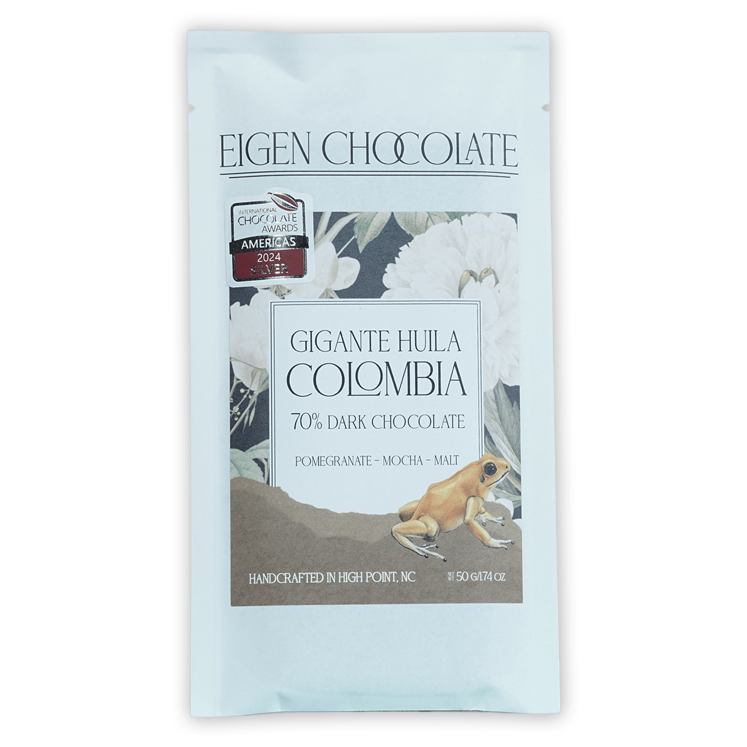 Eigen Dark Chocolate Colombia 70% Gigante Huila bar with foil wrapper