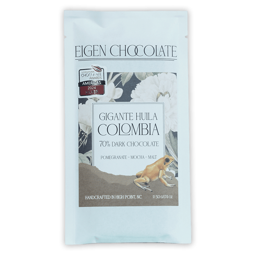 Eigen Dark Chocolate Colombia 70% Gigante Huila bar with foil wrapper