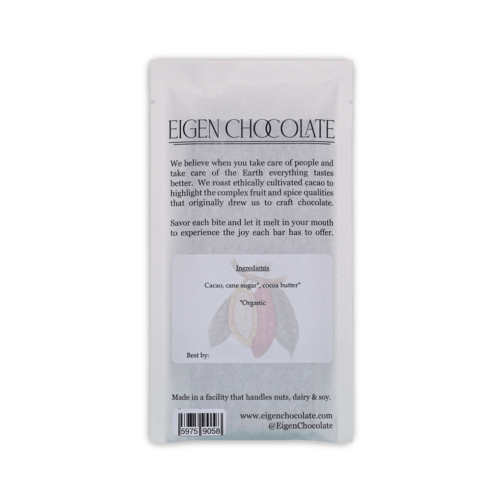 Back of the white Eigen Chocolate pouch with brand description, a cacao pod illustration, ingredients, and a barcode.
