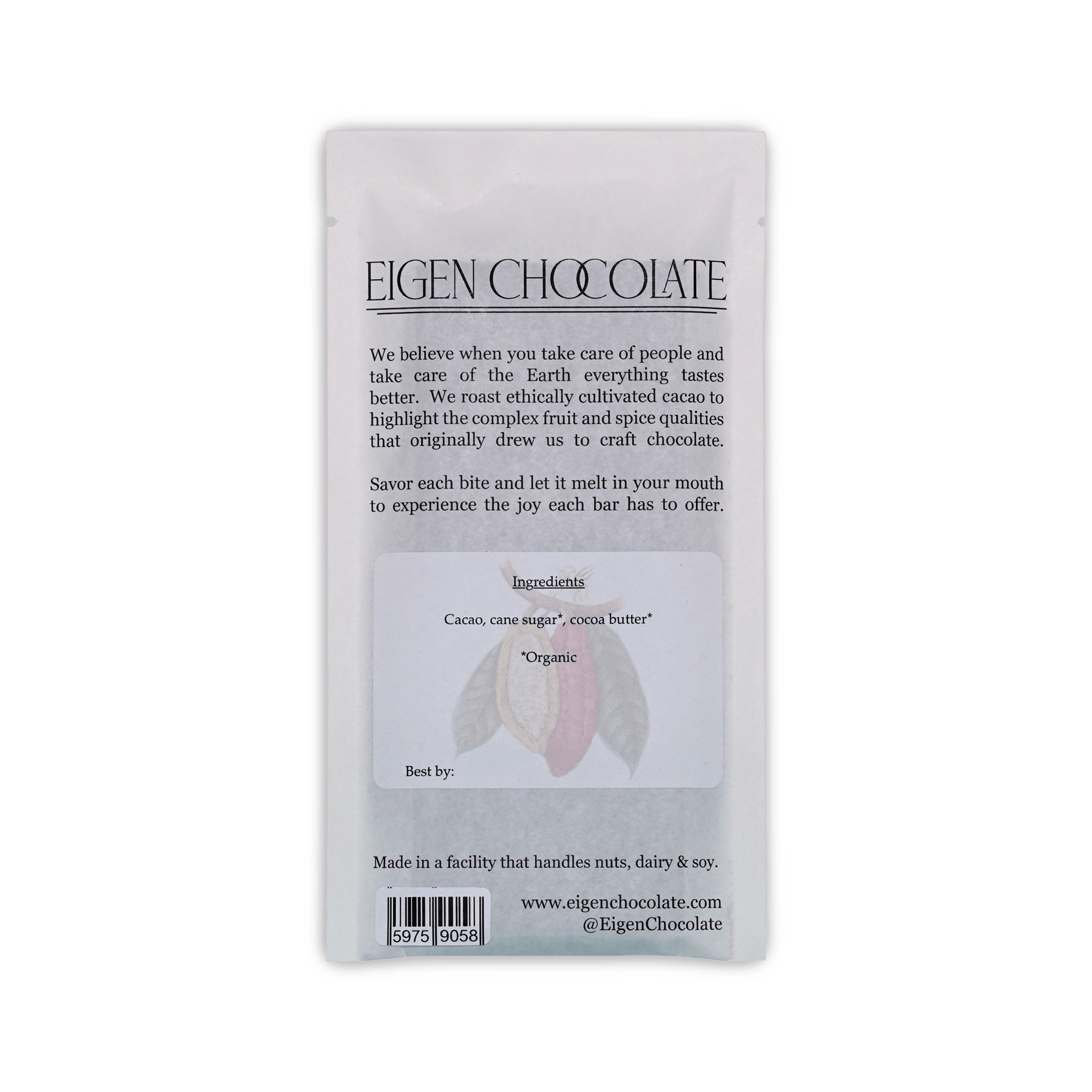 Back of the white Eigen Chocolate pouch with brand description, a cacao pod illustration, ingredients, and a barcode.