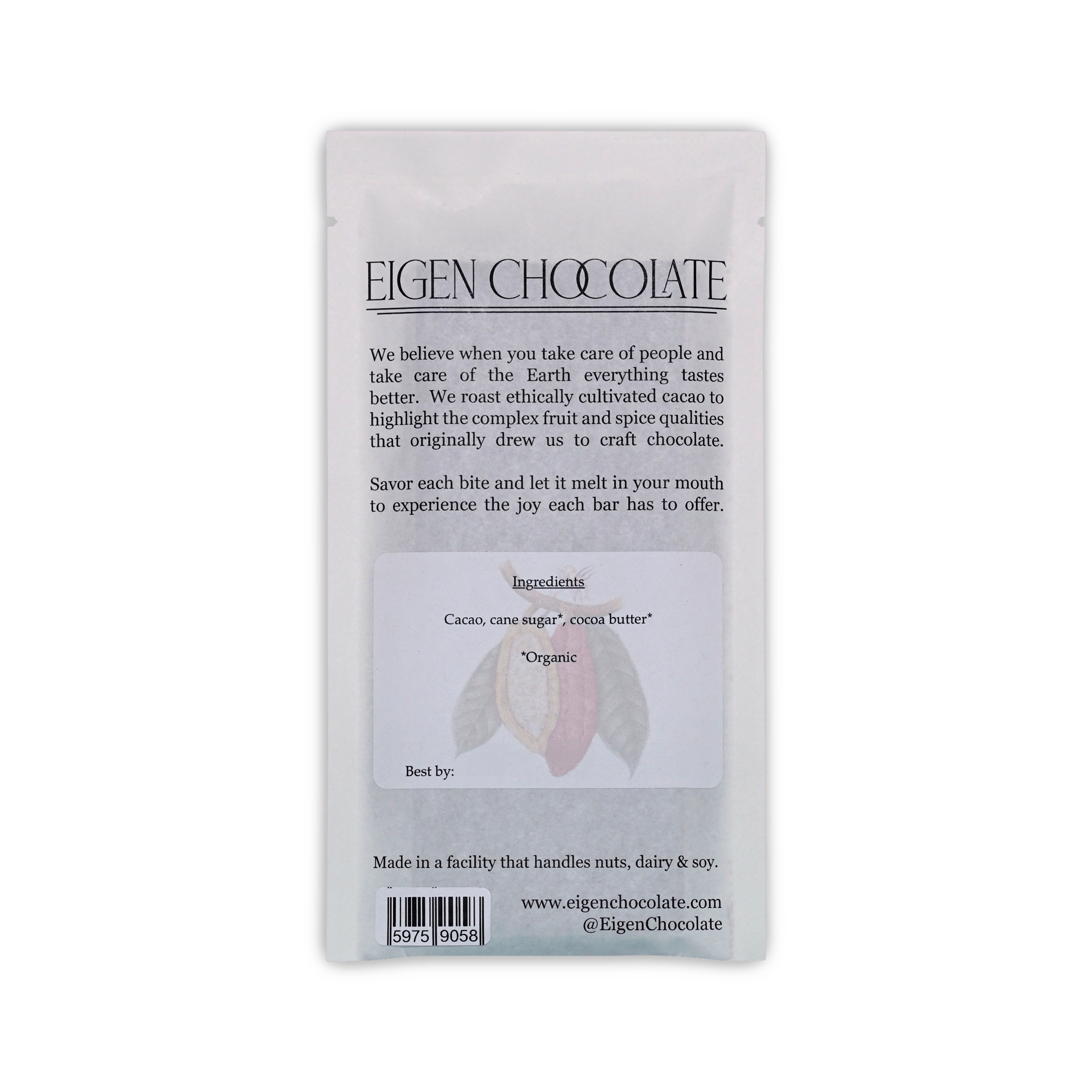 Back of the white Eigen Chocolate pouch with brand description, a cacao pod illustration, ingredients, and a barcode.