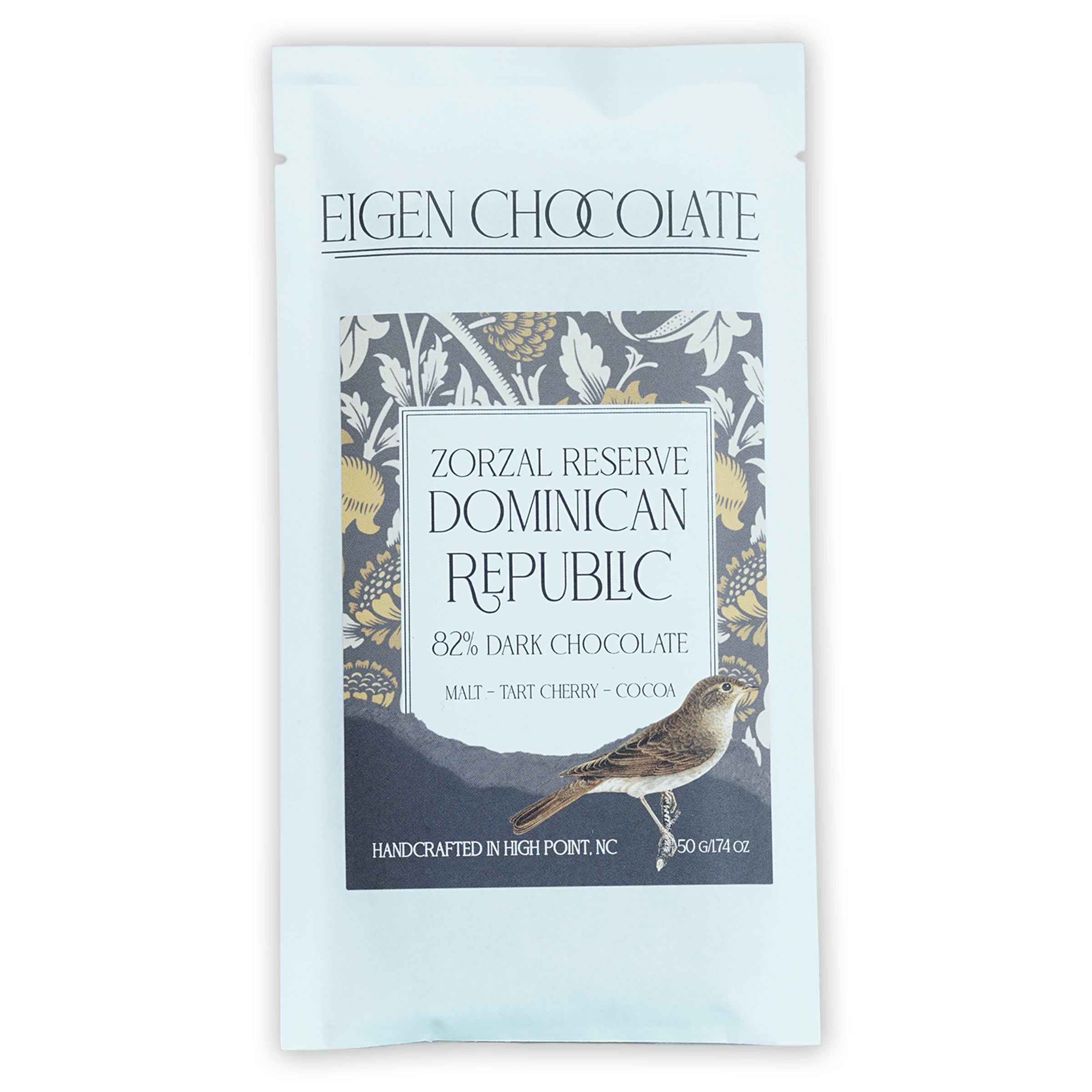 Eigen Dark Chocolate Dominican Republic 82% bar in white foil wrapper