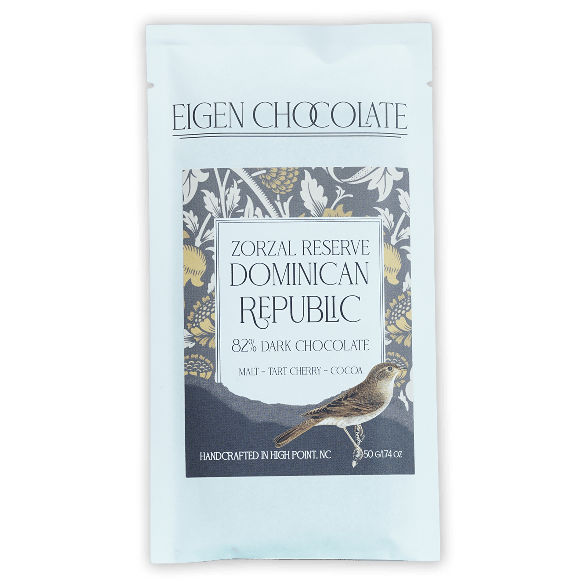 Eigen Dark Chocolate Dominican Republic 82% bar in white foil wrapper