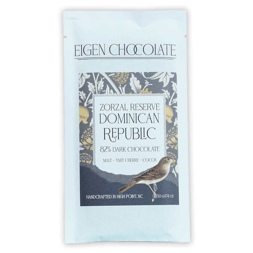 Eigen Dark Chocolate Dominican Republic 82% bar in white foil wrapper