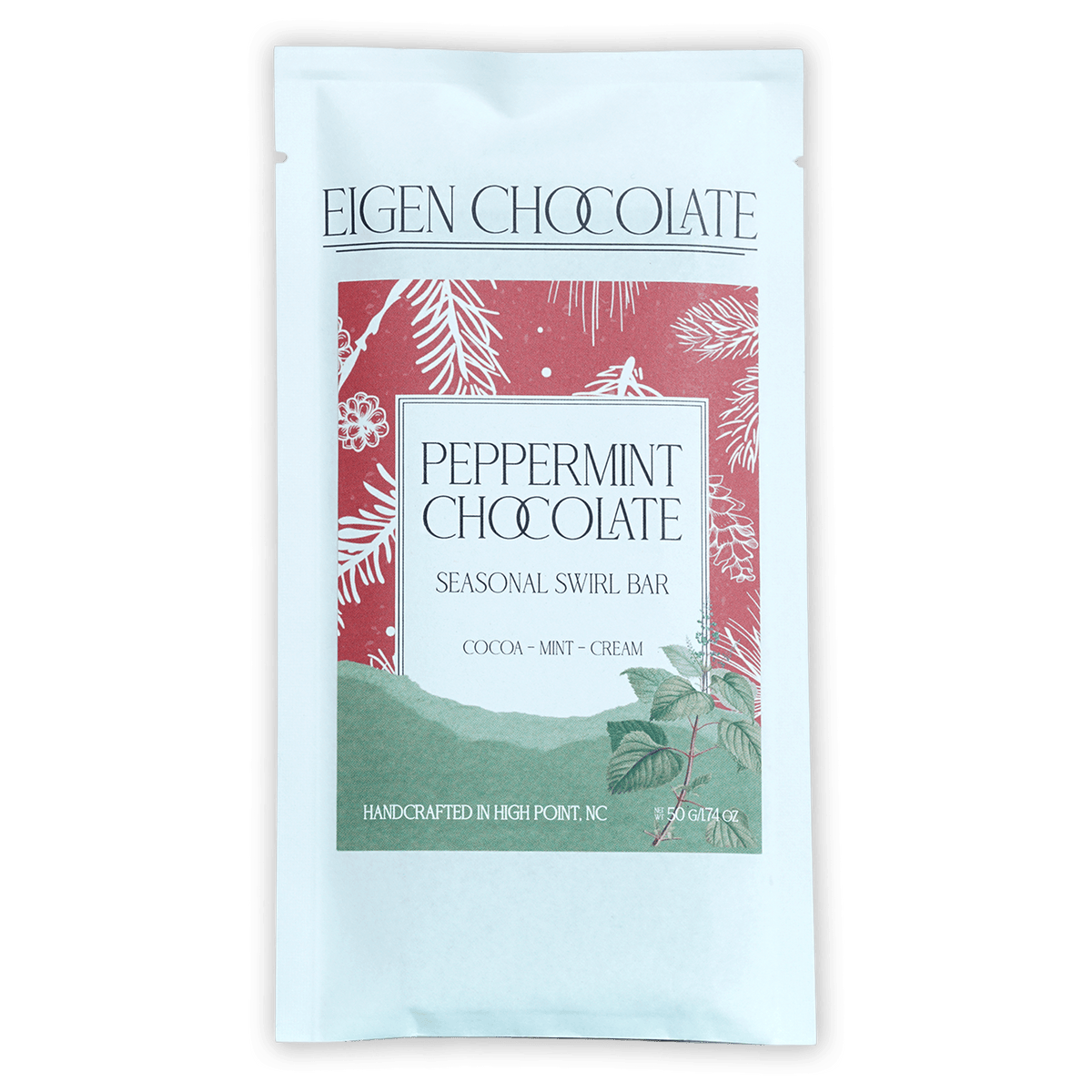 Eigen Dark Chocolate Peppermint Swirl bar in white pouch with festive label