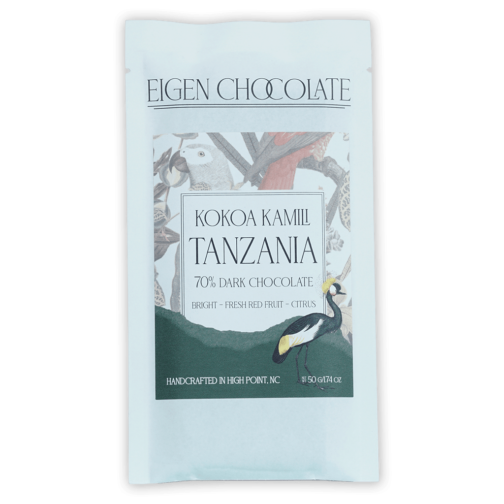 Eigen Dark Chocolate Tanzania 70% bar in light blue foil wrapper