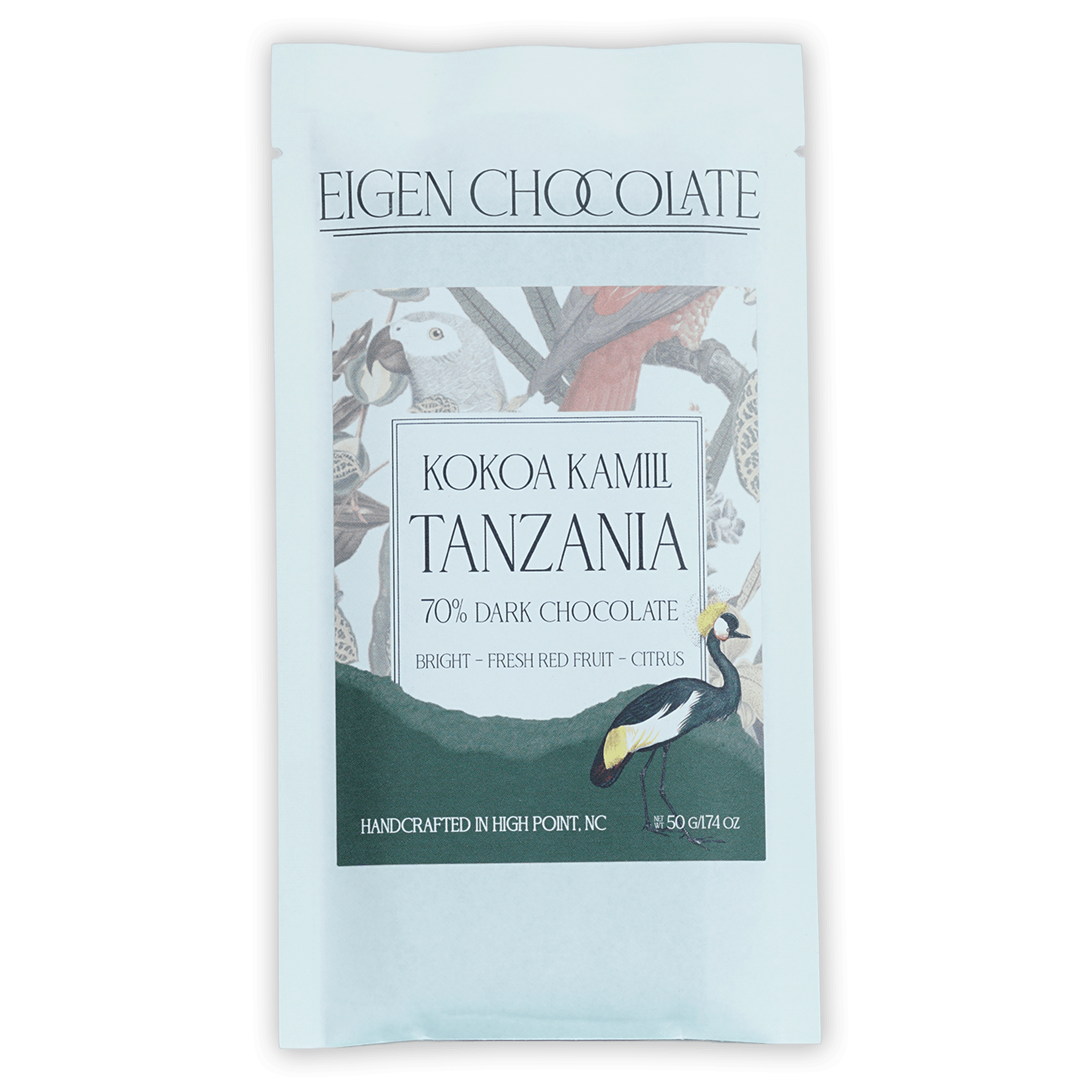 Eigen Dark Chocolate Tanzania 70% bar in light blue foil wrapper