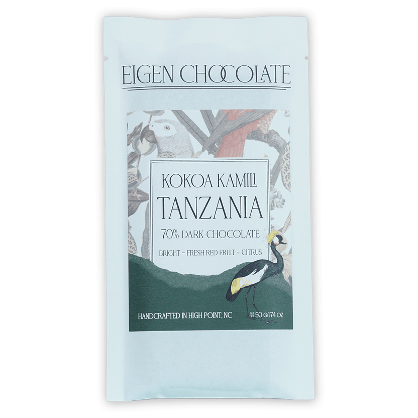 Eigen Dark Chocolate Tanzania 70% bar in light blue foil wrapper
