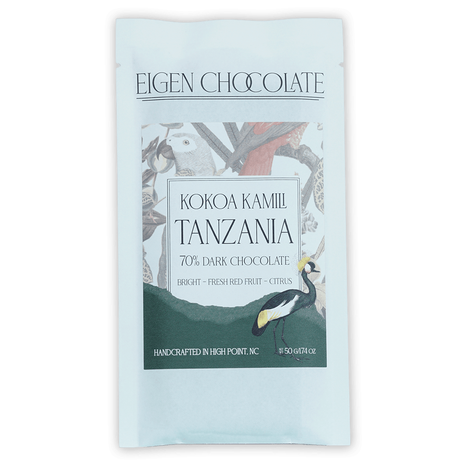 Eigen Dark Chocolate Tanzania 70% bar in light blue foil wrapper