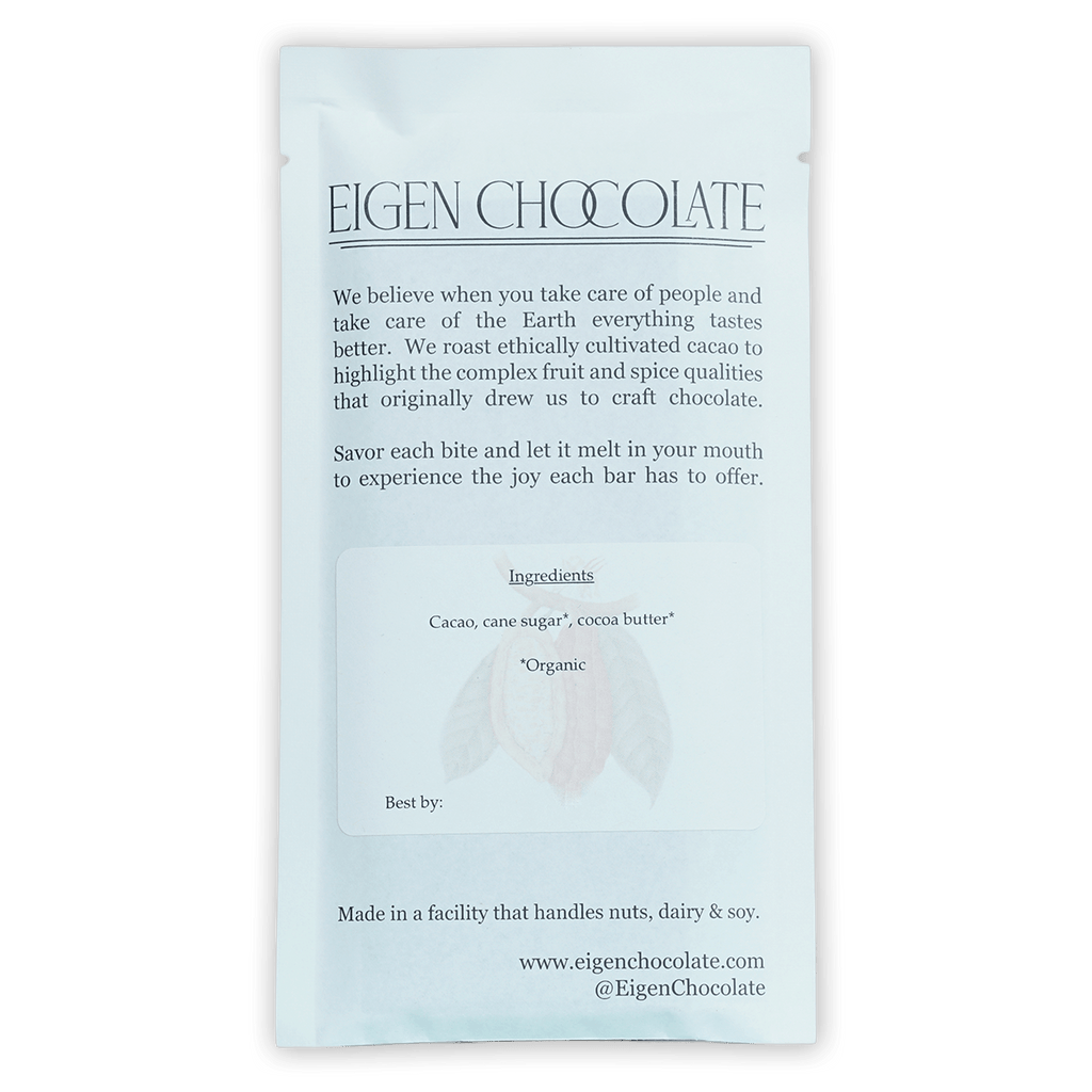 Eigen Dark Chocolate Vietnam Ben Tre 70% minimalist white foil bar
