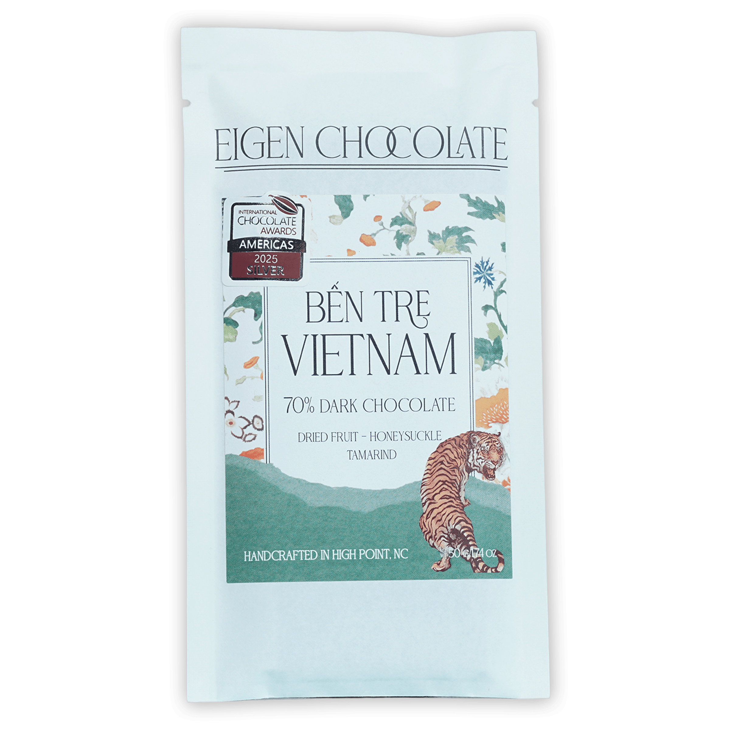 Eigen Dark Chocolate Vietnam Ben Tre 70% bar with tiger and floral design