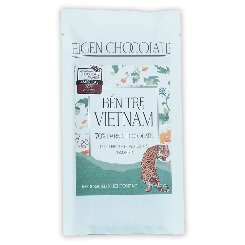 Eigen Dark Chocolate Vietnam Ben Tre 70% bar with tiger and floral design