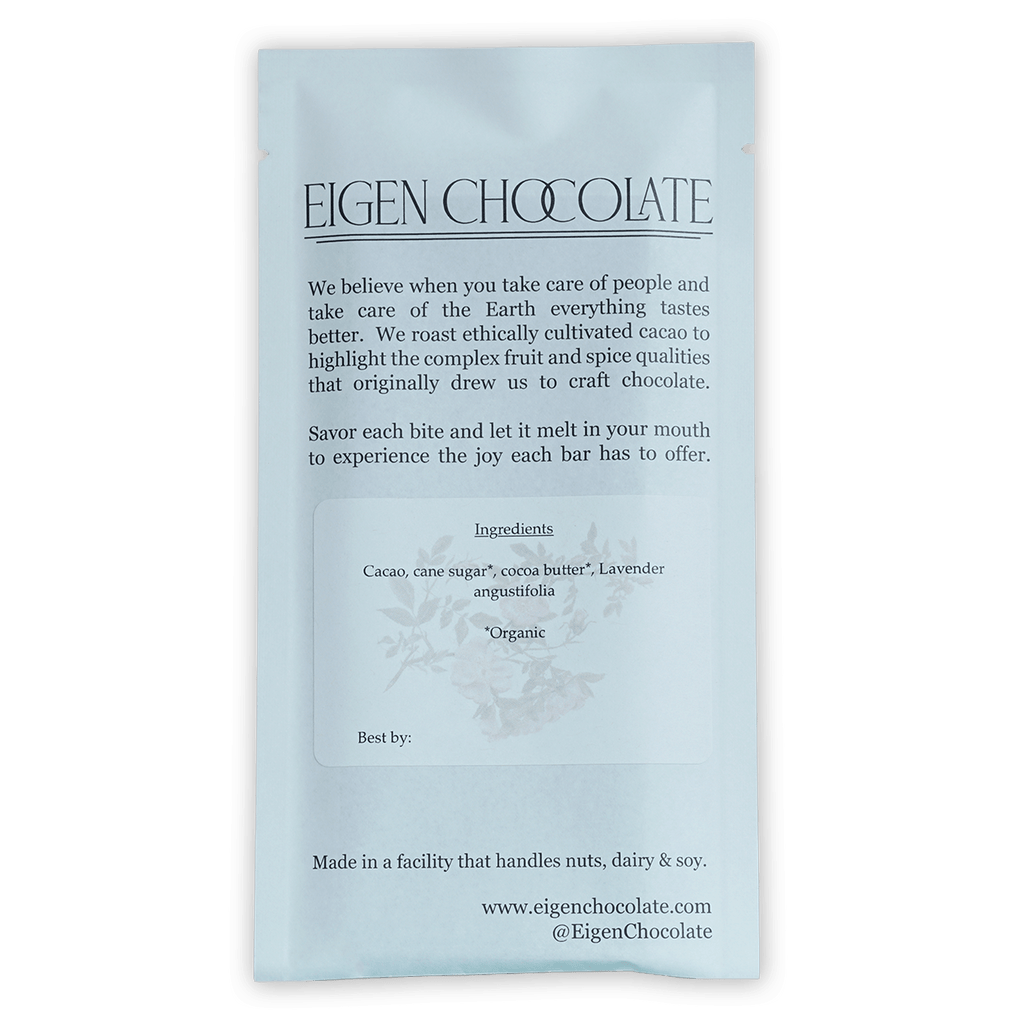 Eigen Dark Chocolate w/ Lavender 62% in sleek white foil wrapper