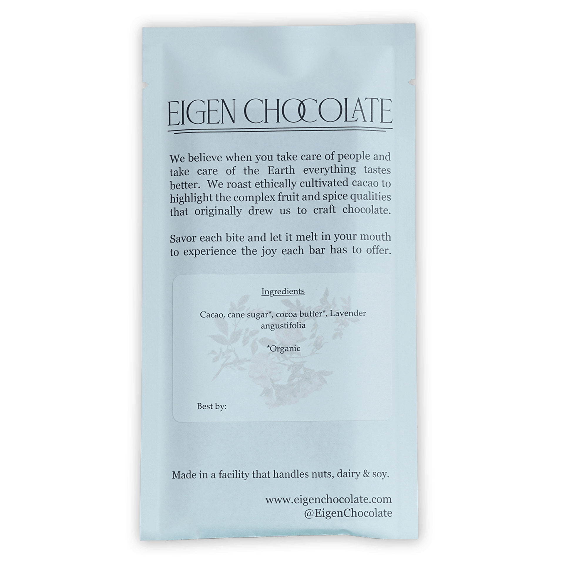 Eigen Dark Chocolate w/ Lavender 62% in sleek white foil wrapper