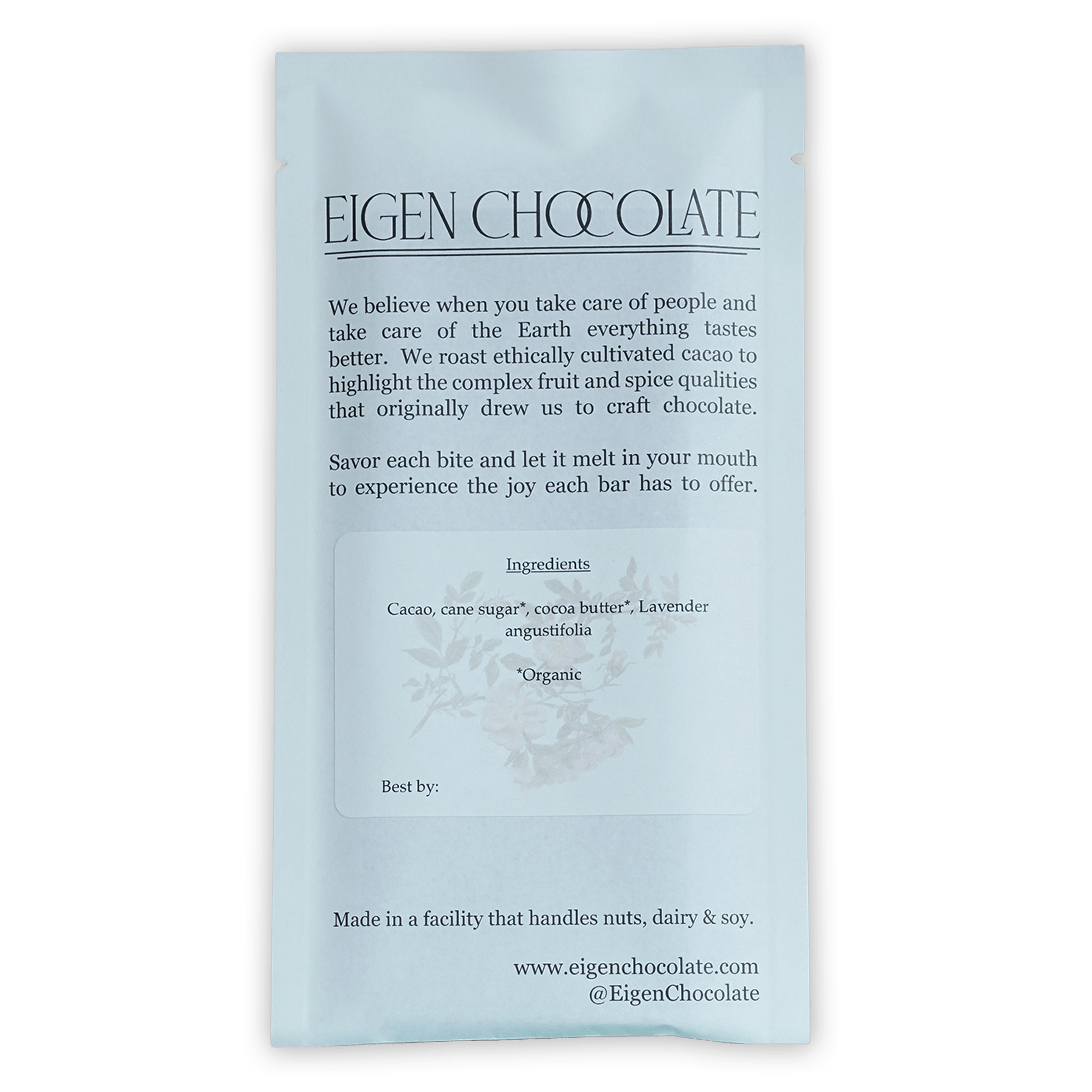 Eigen Dark Chocolate w/ Lavender 62% in sleek white foil wrapper