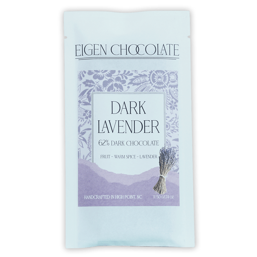 Eigen Dark Chocolate w/ Lavender 62% light blue resealable pouch