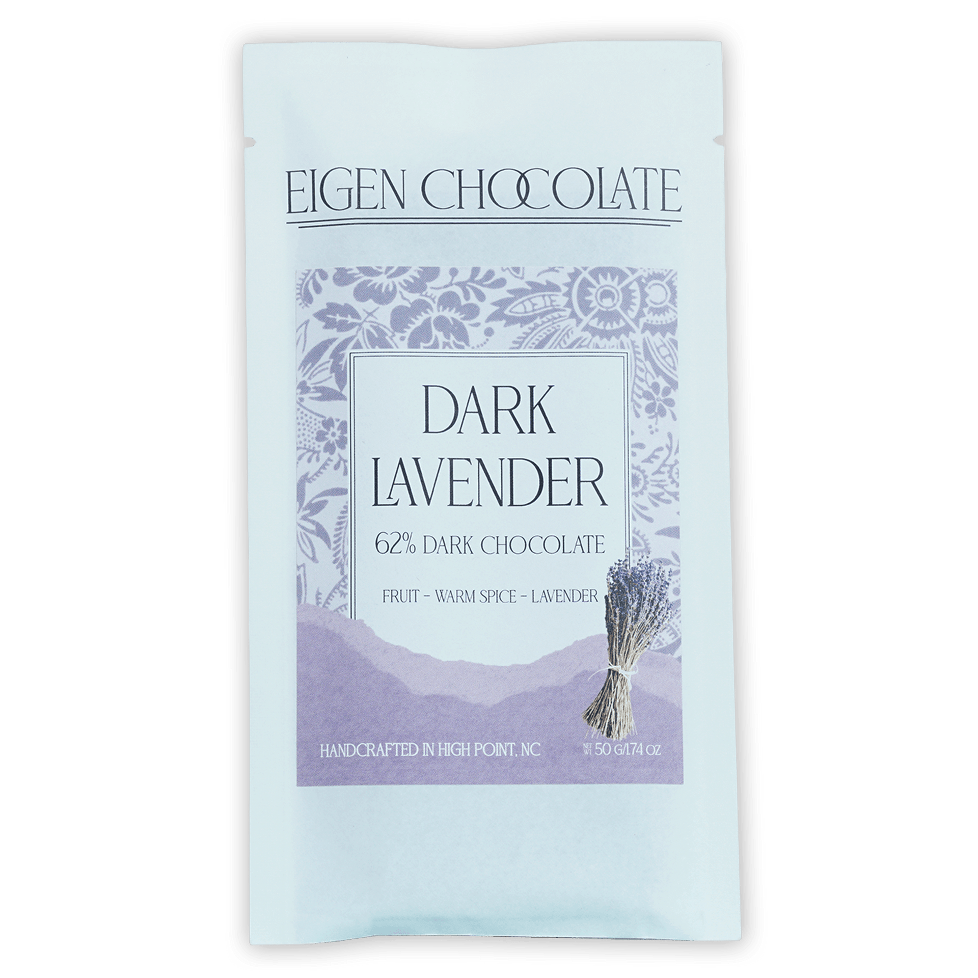 Eigen Dark Chocolate w/ Lavender 62% light blue resealable pouch