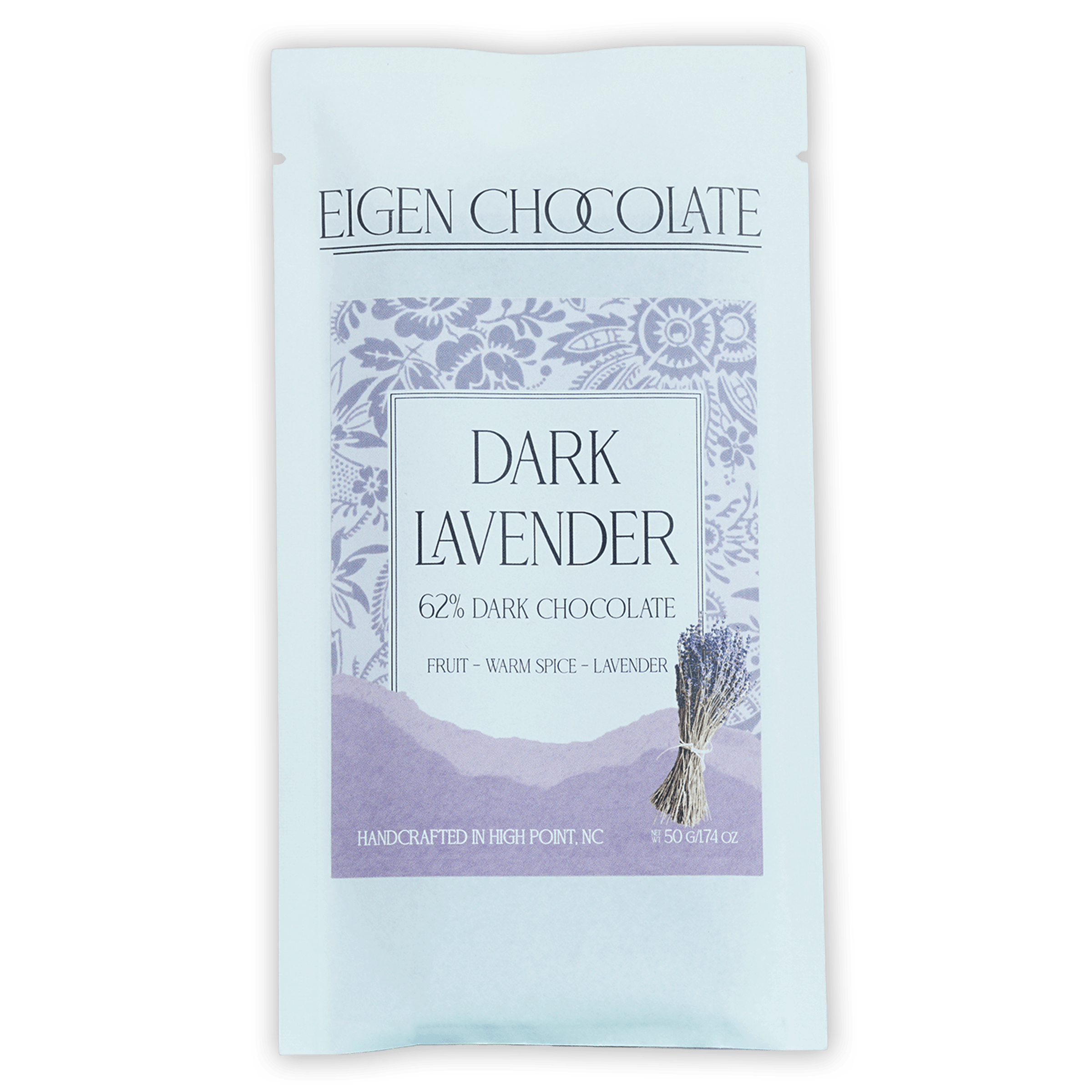 Eigen Dark Chocolate w/ Lavender 62% light blue resealable pouch