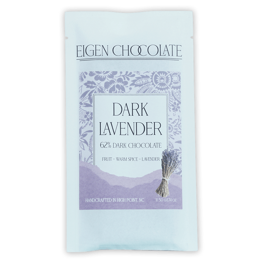 Eigen Dark Chocolate w/ Lavender 62% light blue resealable pouch