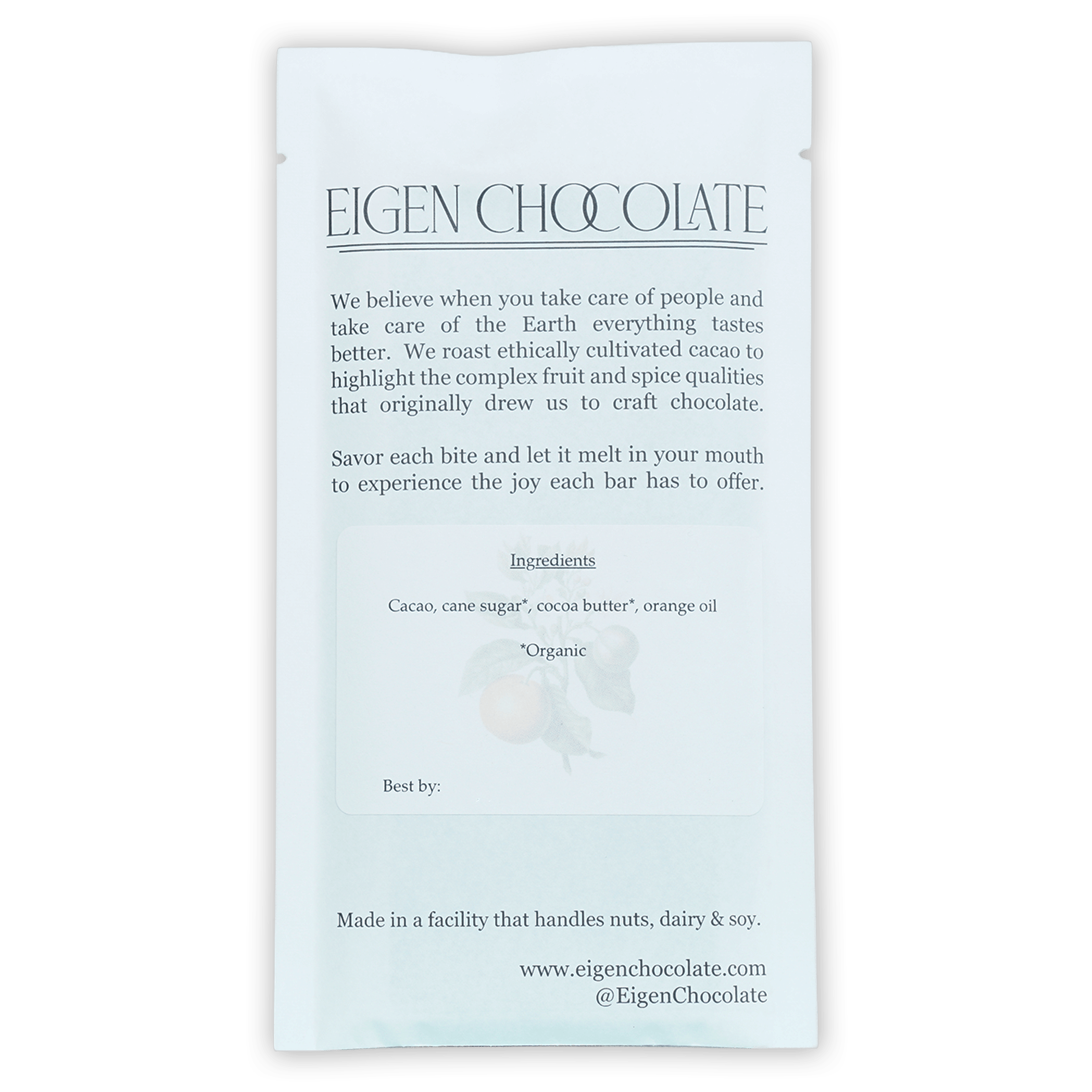 Eigen Dark Chocolate with Orange 70% minimalist white packaging