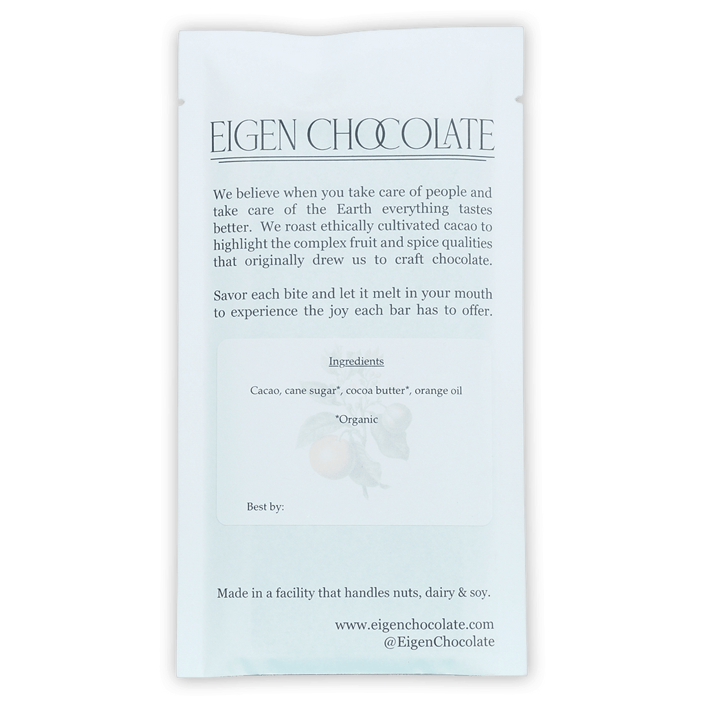 Eigen Dark Chocolate with Orange 70% minimalist white packaging