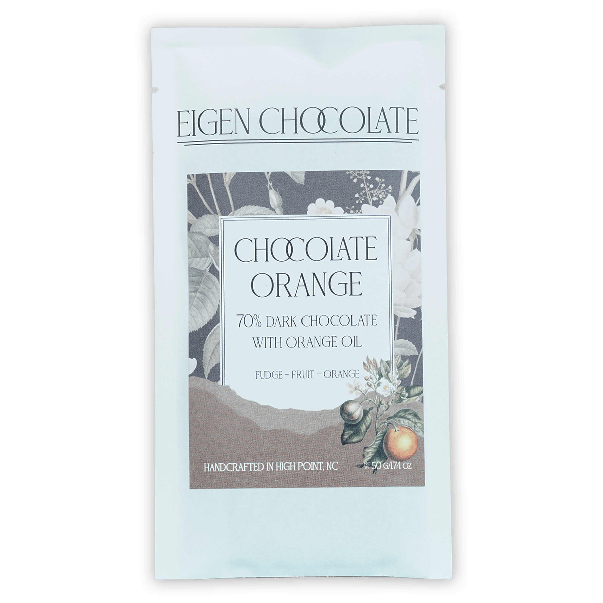 Eigen 70% dark chocolate bar with orange oil in light blue foil