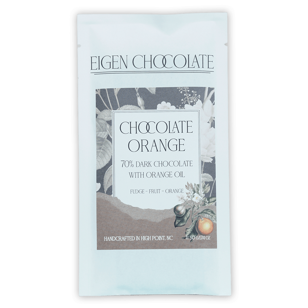 Eigen 70% dark chocolate bar with orange oil in light blue foil