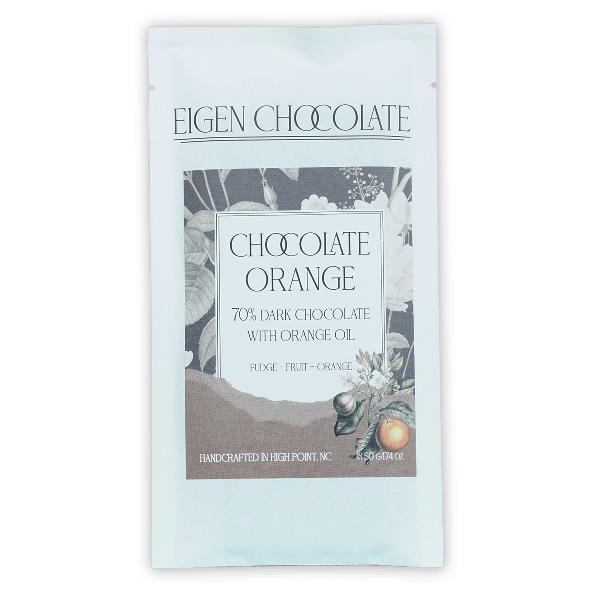 Eigen 70% dark chocolate bar with orange oil in light blue foil