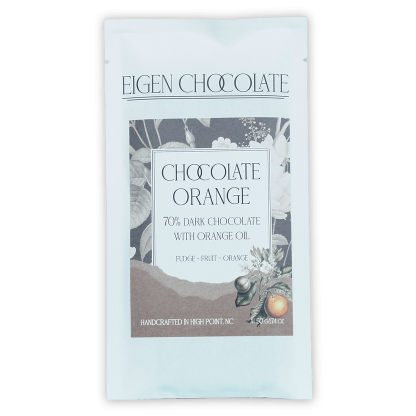 Eigen 70% dark chocolate bar with orange oil in light blue foil