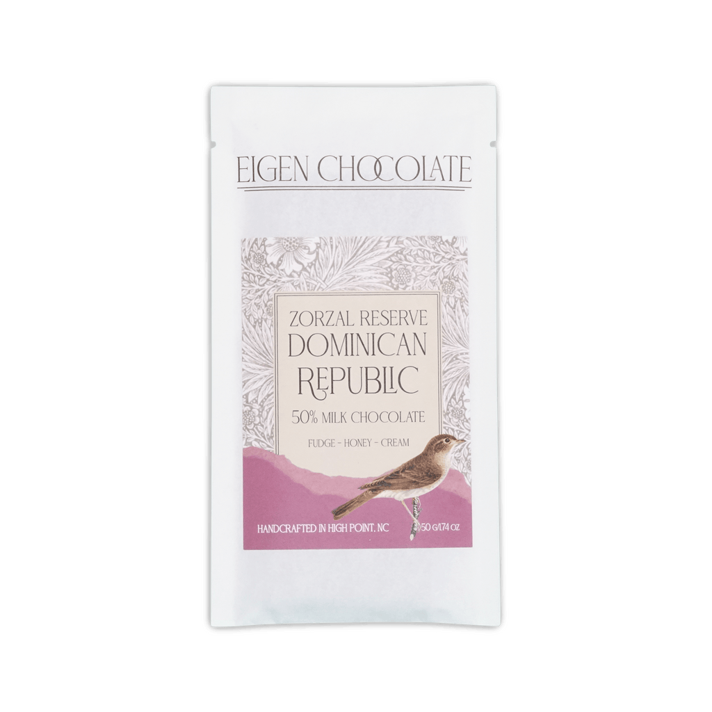 Eigen Chocolate white pouch, Zorzal Reserve Dominican Republic 50% milk chocolate, floral pattern with a bird, 50g