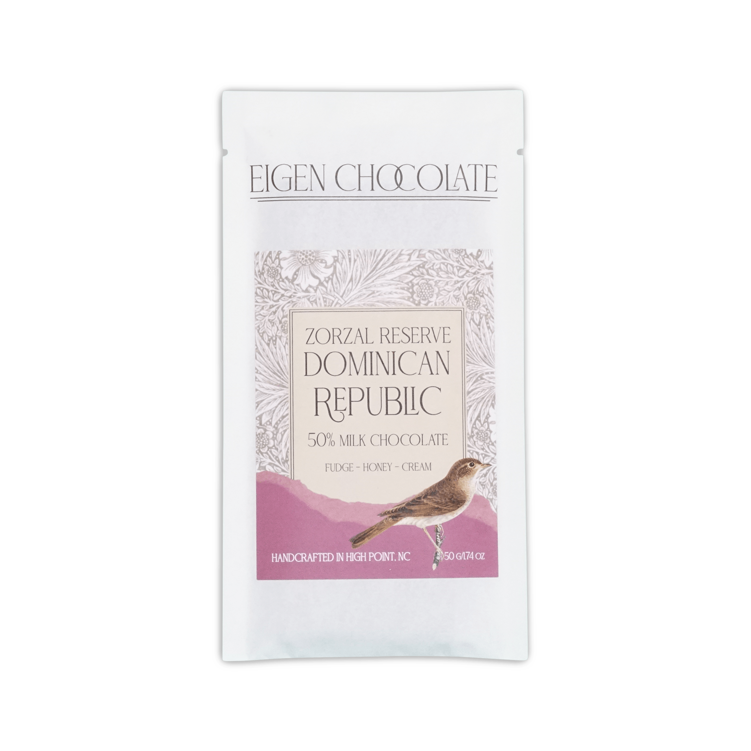 Eigen Chocolate white pouch, Zorzal Reserve Dominican Republic 50% milk chocolate, floral pattern with a bird, 50g