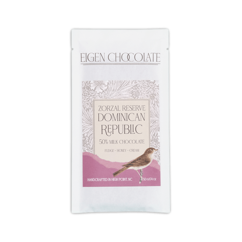 Eigen Chocolate white pouch, Zorzal Reserve Dominican Republic 50% milk chocolate, floral pattern with a bird, 50g