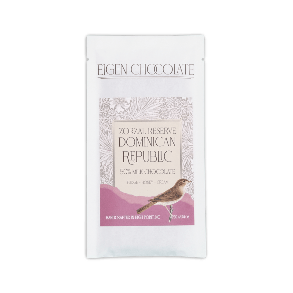 Eigen Chocolate white pouch, Zorzal Reserve Dominican Republic 50% milk chocolate, floral pattern with a bird, 50g