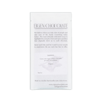 Back of Eigen Chocolate white pouch, brand text about ethically cultivated cacao, ingredients list