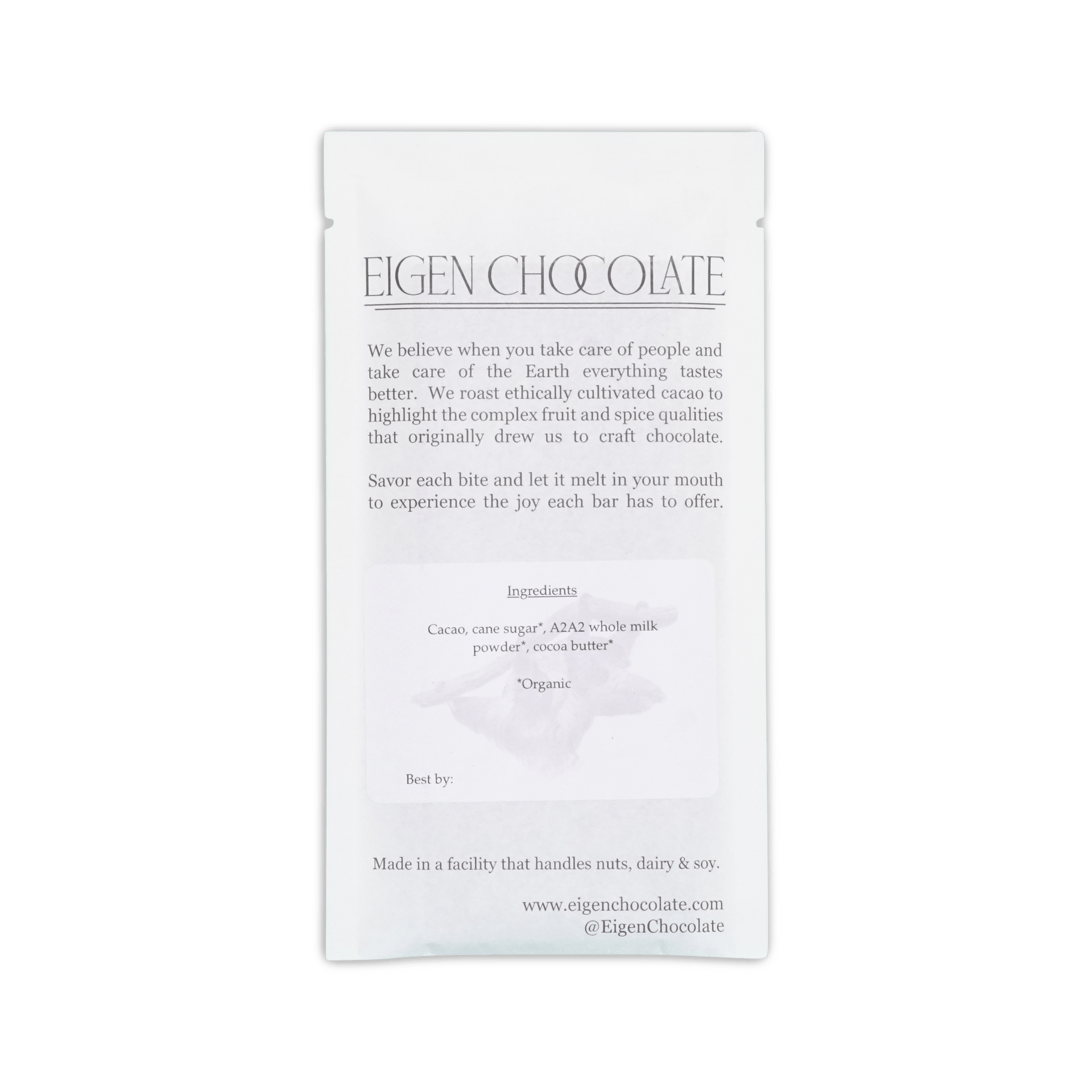 Back of Eigen Chocolate white pouch, brand text about ethically cultivated cacao, ingredients list