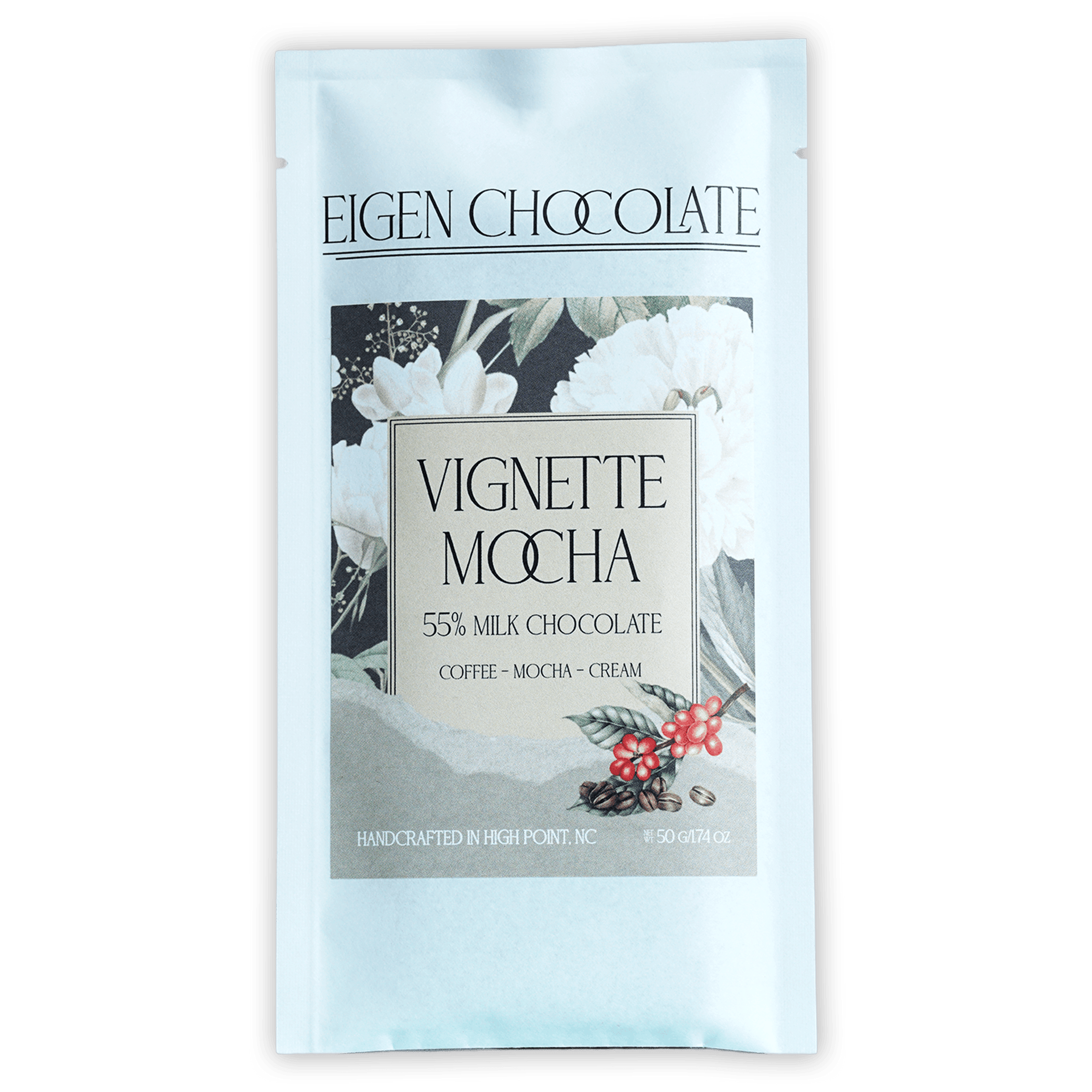 Eigen Milk Chocolate Vignette Mocha 55% bar in white foil wrapper